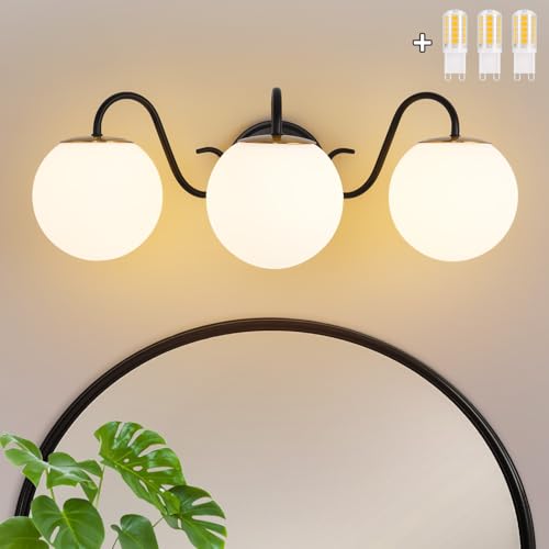 Image of Vintage Matte Black Bathroom Vanity Light Fixtures Over Mirror 3 Lights