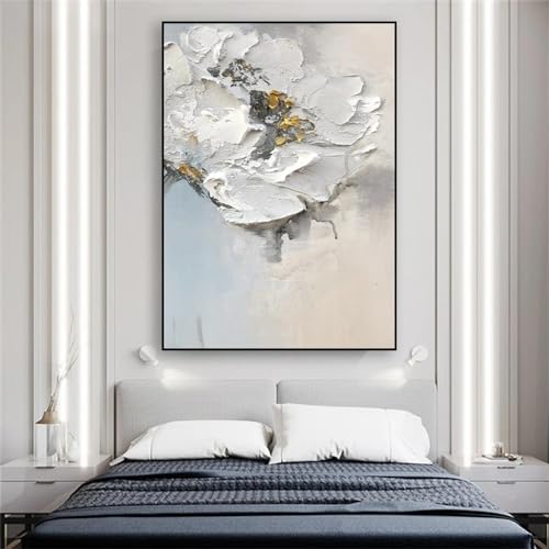 Tableau fleurs blanches abstraites pour salon moderne chic 40x60 cm