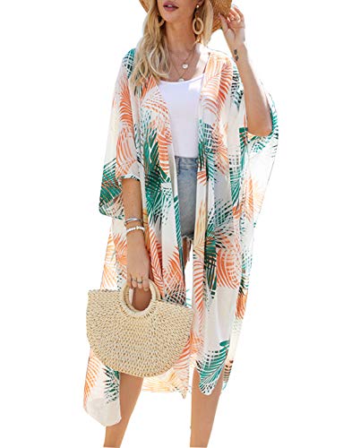 Dauveg Cardigã feminino longo de chiffon quimono Boho floral 0pen cobertura frontal Xale Robes, 53 C
