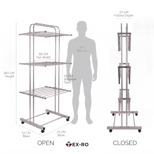 Image of TEX-RO 3 Layer Stainless Steel Clothes Drying Stand with Wheels - Heavy Duty Rust-Proof Foldable Cloth Dryer Stand for Balcony & Bedroom, Cloth Stand for Drying Clothes, Clothes Drying Rack