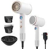 Dxliwky Professional Hair Dryer,1875 Watt High-Speed Ionic Blow Dryer with Diffuser/Concentrator/Comb Nozzle,LED Temp Display,Intelligent Temp Control,Low Noise for Home Salon Travel (White)