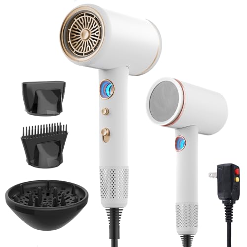 Dxliwky Professional Hair Dryer,1875 Watt High-Speed Ionic Blow Dryer with Diffuser/Concentrator/Comb Nozzle,LED Temp Display,Intelligent Temp Control,Low Noise for Home Salon Travel (White)