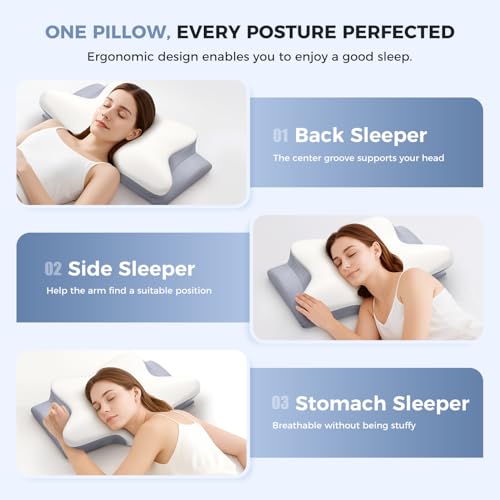 Cervical Neck Pillow, Memory Foam Pillows for Neck and Shoulder Pain Relief, 2 Heights Ergonomic Pillow with Breathable Ice Silk Cover, Neck Support Pillow for Side Back Stomach Sleepers, Odorless