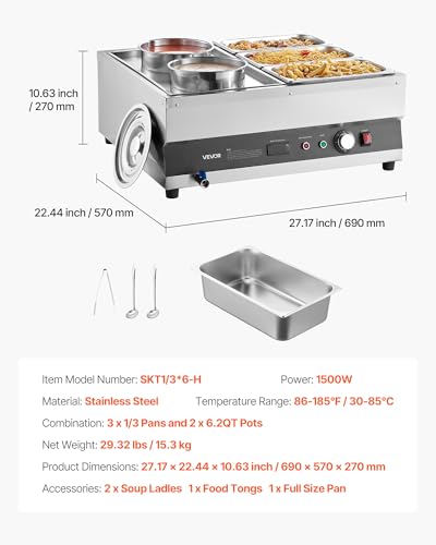 Image of VEVOR Electric Soup Warmer, Two 6.34QT Pots & Three 1 /3 Pans, Stainless Steel Commercial Food Warmer with 86~185F Adjustable Temp, 1500W Bain Marie, Soup Station for Restaurant, Buffet