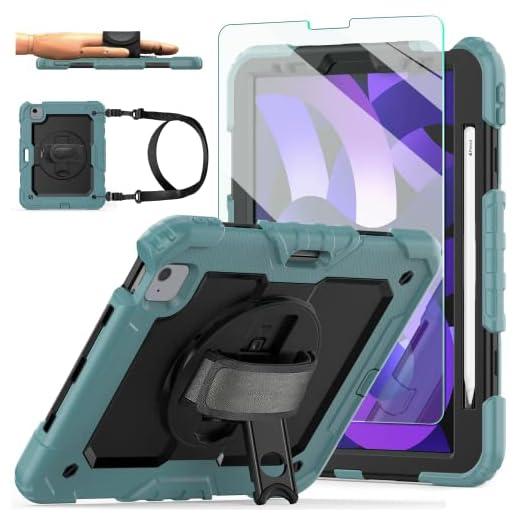 iPad Air 5th/4th Generation Case 2022/2020, iPad Pro 11 Case, [Shockproof] Ambison Full Body Protective Case with 9H Tempered Glass Screen Protector, Rotatable Kickstand & Hand Strap (Teal & Black)