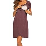  FEESHOW Chemise de Nuit Allaitement et Maternité Femme Enceinte Vêtement de Nuit Grossesse Printemps Eté Pyjama Nuisette Manche Courte Robe de Maternité Grande Taille Rouge S