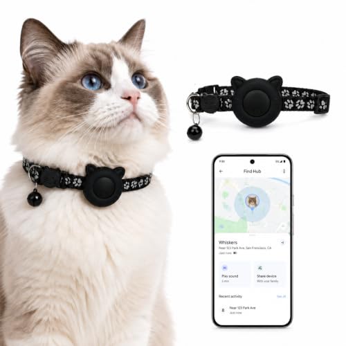 Cat GPS Tracker for Android – Google Find Hub Pet Tracker for Cats, No Subscription, IP67 Waterproof GPS para Gatos, Replaceable 1-Year Battery (Location Reported by Nearby Android Devices) (Black)