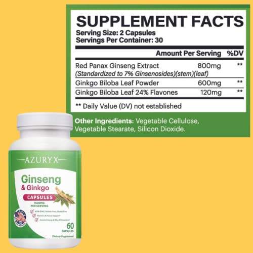 Azuryx Ginkgo Biloba Ultra - Extra Strength 800Mg Per Serving - Support Brain Function, Memory, Focus & Cognitive Health - 60 Vegetarian Capsules #TOP1