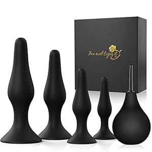 Analplug und Analdusche Set Sex Spielzeug für die Männer, 4 Stück Silikon Buttplug und 90mL PVC Anal-Spülung Sex Spielzeug für die Frau, Analplug mit Stoss Erotik Sex Toys Schwarz