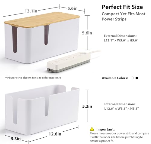 Image of ZhiYo Large Cable Management Box, Thick ABS Power Strip Organizer, White | Extra-Tall Design for Oversized Adapters, Natural Bamboo Lid, Fits Power Strips Up to 12.5 inch Long, Ideal for Desks, TV Areas