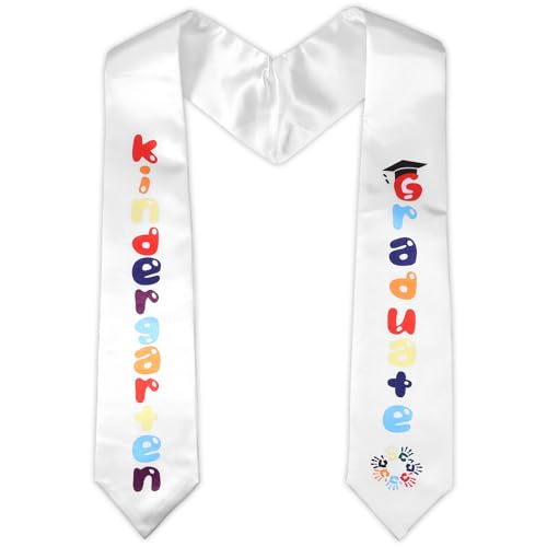 BOXOB Kids Graduation Stole, Double Sided Shiny Kindergarten Printed Graduate Sash Satin Preschool Graduation Stole with Colorful Words (White)