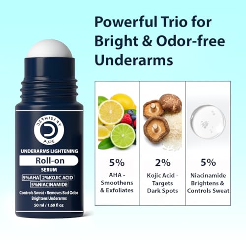 Image of Dermistry Pure 5% AHA 2% Kojic Acid Underarm Deodorant Roll On Serum with 5% Niacinamide & Licorice for Sweat Control Bad Odor fades Dark Spots Pigmentation & Brightens skin for Men & Women Daily Use 50ml