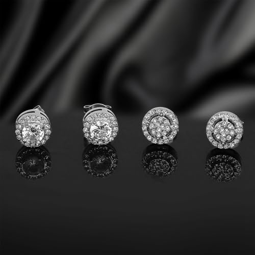 Image of NEWITIN 2 Pairs Silver Stud Earrings for Women Hypoallergenic Earring Stainless Steel Inlaid Cubic Zirconia Studs Earring Diamond Halo Stud Earrings for Women Men