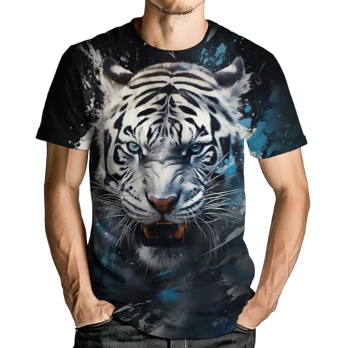 T-shirt tigre blanc 3D pour homme à manches courtes en coupe droite confortable