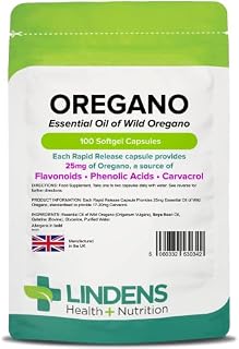 Lindens Oregano Oil 25mg - 100 Capsules - UK Made - Natural Source of Phenolic Acids and Flavonoids - Origanum Vulgare - Easy Swallow & Rapid Release - 3+ Months Supply - GMP & Letterbox Friendly