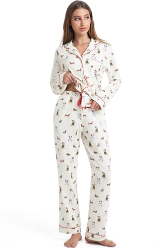 Image of LUBOT Christmas Pajamas for Women 100% Cotton Pajama 2 Piece PJ Set Soft Long Sleeve Button Xmas Print Loungewear XS-XXL