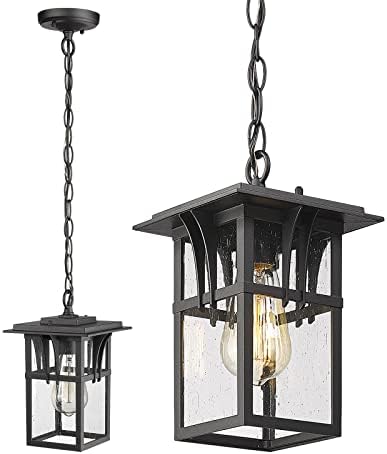 Darkaway Outdoor Pendant Light Fixture, Outdoor Hanging Light Porch Lights Fixtures Anti-Rust Waterproof Aluminum with Seeded Glass for Porch Entryway Doorway Black