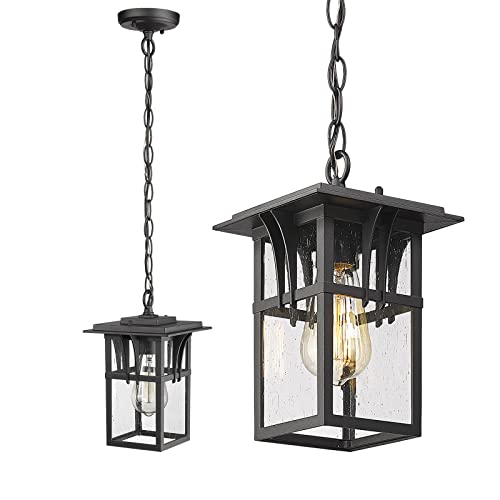 Darkaway Outdoor Pendant Light Fixture, Outdoor Hanging Light Porch Lights Fixtures Anti-Rust Waterproof Aluminum With Seeded Glass For Porch Entryway Doorway Black #TOP8