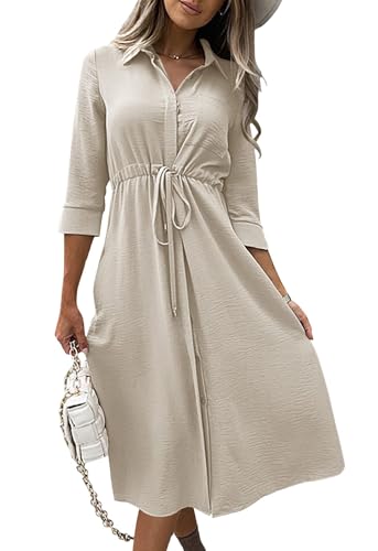 Image of Febriajuce Women's 3 /4 Sleeve Midi Dress Casual Drawstring Belted Round Neck Plain Tie Waist Loose High Waist Long Dress