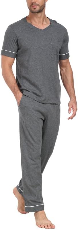 CF Mens Pajamas Set Cotton Sleepwear Soft Short Sleeve Pjs Comfy 2 Piece Nightwear V-Neck Long Pants Loungewear with Pockets - Image 2