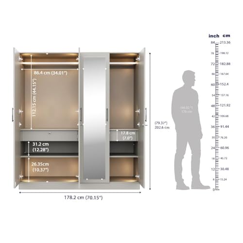 Image of Wakefit Wardrobe for Bedroom | 3 Yr Warranty | Cupboard for Bedroom, Almirah, Wooden Wardrobe, Comes with LED light, Storage Drawer, Mirror & Hanger, Density:680-750kg /m, Free Installation(Tyrian-LG)