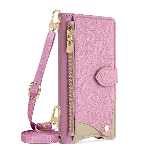 Case for Huawei Pura 90 Pro Max/90 Pro, PU Leather Shell with Zipper Card Insertion Adjustable Detachable Lanyard Holder Cover(Pink,Pura 90 Pro Max)