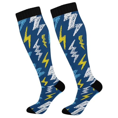Fisyme Blue Yellow White Lightning Socks for Men Women Warm Comfort Athletic Crew Running Hiking Cycling Compression Socks