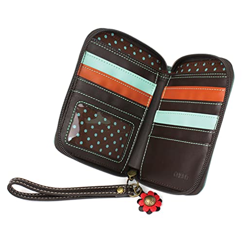 Image of CHALA Zip Around Wallet, Wristlet, 8 Credit Card Slots, Sturdy Pu Leather - Bicycle - Teal