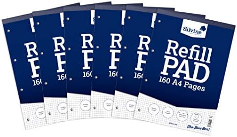 Silvine 160 Page A4 Refill Pad, Head Bound and Punched 4 Holes. Ruled 8mm Feint with Margin. Ref A4RPFM, White