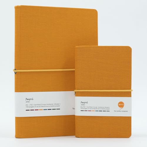 Image of Comma Regina Combo | A5 Size Hard Bound Notebook & A6 Size Hard Bound Pocket Notebook with a Horizontal Elastic Band Closure | 192 Pages | 80gsm Natural Shade Paper | Linen Fabric Cover Material - Mustard Yellow