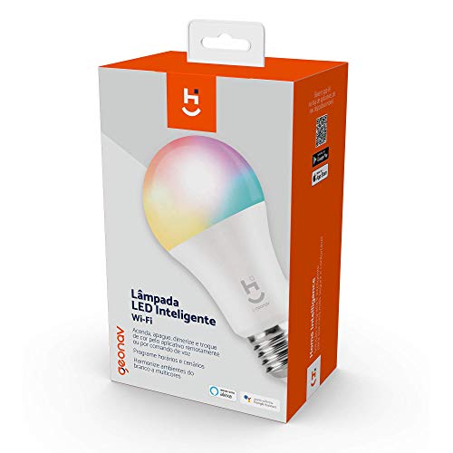 Hi By Geonav Lâmpada Inteligente RGB+W, Branco Quente (Amarelo), LED 10W, Wi-Fi, E27, Controle no Ap