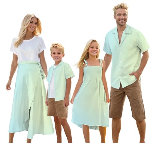 Image of Cromoncent Matching Hawaiian Outfits for Family, Dad and Son Matching Luau Beach Tropical Shirts Mommy Daughter Tropical Sets