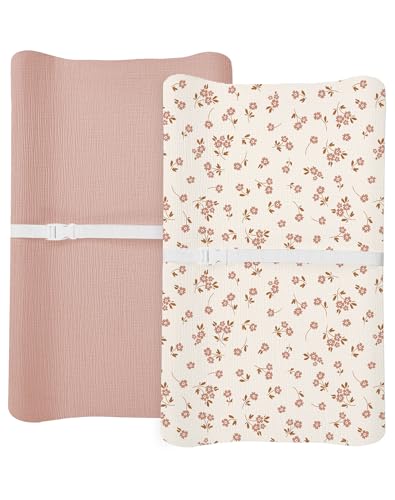 Image of Changing Pad Cover for Baby Boy Girl 2 Pack, Muslin Changing Table Pad Covers with Boho Style, Neutral Nursery Bedding Essentials Soft and Breathable (Floral & Pink)