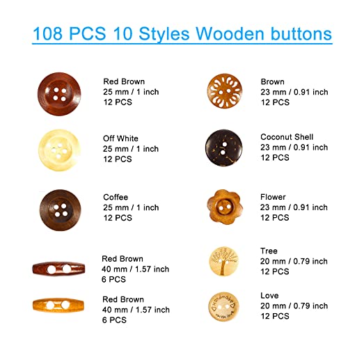 Assorted Wooden Buttons For Sewing Craft Project Clothing Art, Wood Toggle Button, Pack Of 108 Pcs #TOP1