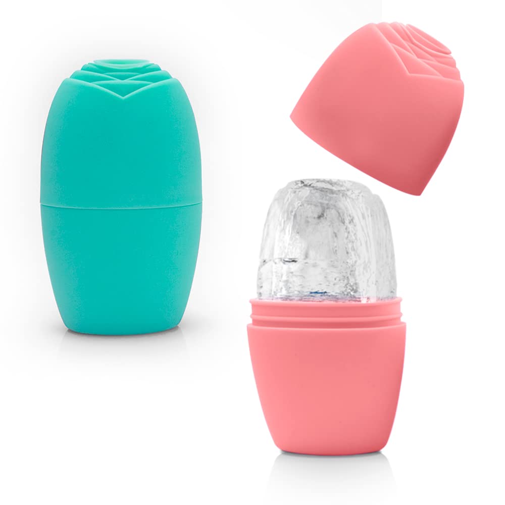 2Pcs Ice Face Roller, Ice Roller for Face and Eye, Skin Care Beauty Tool Silicone Ice Cube, Reusable Facial Treatment to Tighten Pores, Reduce Acne and Fine Lines (pink+green)