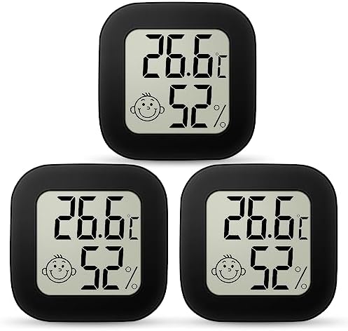Ainiv Cyfrowy mini higrometr/termometr pokojowy, do pomieszczeń, z wyświetlaczem LCD i ikonami twarzy, z monitorem wilgotności/temperatury, do sypialni, pokoju dziecięcego, samochodu, 3 sztuki