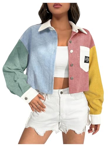 Verdusa Women's Colorblock Crop Jacket Button Front Collared Colorful Outerwear with Pockets