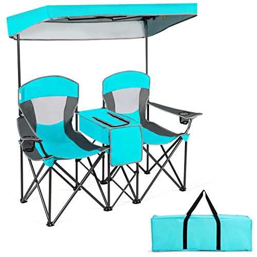 Tangkula Loveseat Camping Chair with Adjustable Shade Canopy, Portable Beach Chair with Cooler Bag, 2 Cup Holders, Carrying Bag, Foldable Double Lawn Chair for Travel, Fishing, Picnic (Navy)