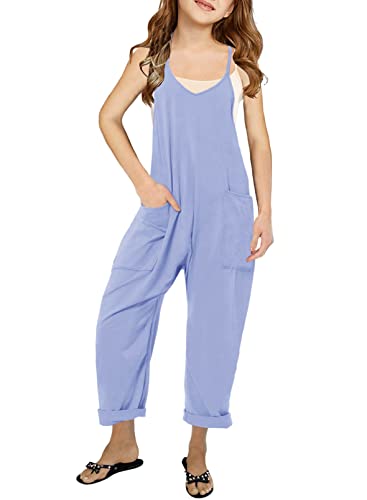 Cnkwei Girls' Casual Sleeveless Jumpsuits Spaghetti Strap Loose Romper Long Pants with Pockets