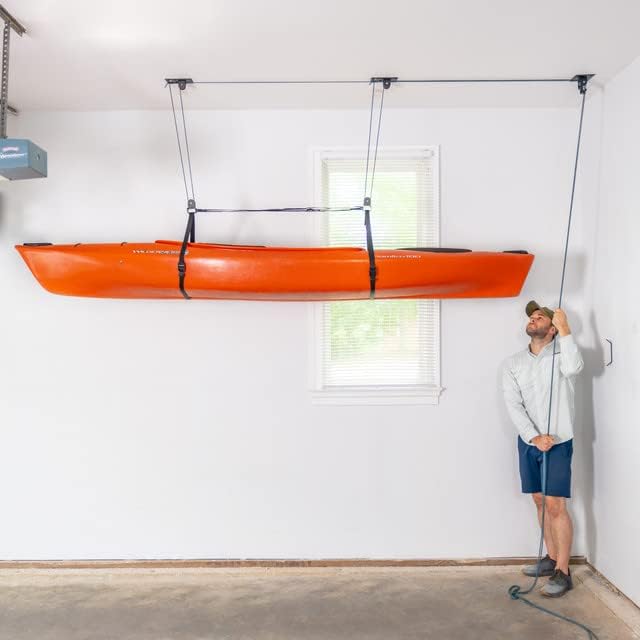 Teal Triangle Pulley Hoist for Kayaks, Canoes, and Paddleboards - Heavy Duty Garage Storage Lift - Kayak Hanger Holds 150 lbs and Fits 10-14 ft Tall Garage Ceilings