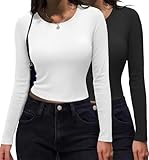 Zeagoo Black and White Shirt Crop Tops Scoop Neck Ribbed Knit Tight Slim Fit 2025 Fall Going Out Sexy T-Shirts Basic Tee Shirts