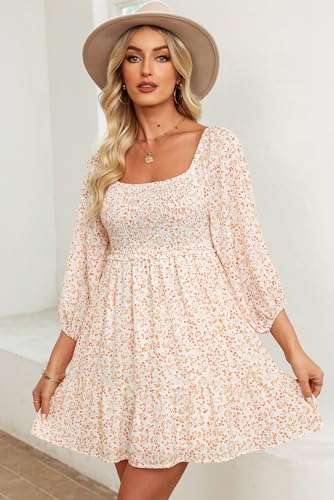 Image of Dokotoo Fall Dresses for Women 2025 Boho Floral Square Neck Smocked 3 /4 Sleeve Casual A-Line Swing Mini Dress Sundress