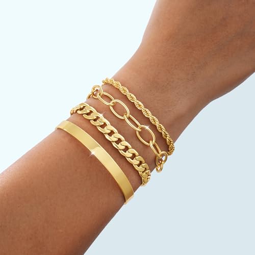 Gold/Silver Bracelets for Women Dainty 14K Gold Plated Bangle Bracelet Stack Waterproof Stackable Jewelry Set Non Tarnish Link Chain Adjustable Jewelry Gifts4