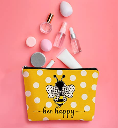 Bee Gift - Bee Themed Gifts for Women Yellow Cute Makeup Bag, Bee Happy Inspirational Bow Dots Honey Bumble Cosmetic Bag Zipper Travel Toiletry Bag, Christmas Birthday Gift for Teen Girls Women3