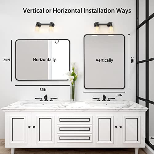 Ledlux 24"X32" Bathroom Wall Mirror With Matte Black Metal Frame & Hd Glass, Large Vanity Mirrors Modern Rectangle Round Corner Framed - Horizontal Or Vertical Installation - Template Included #TOP1