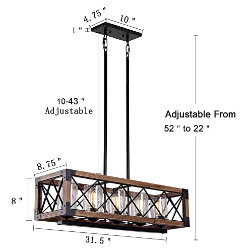 Giluta Rectangle Wood Metal Pendant Light Kitchen Island Chandelier Black Finish Rustic Industrial Chandelier Vintage Ceiling Light Fixture 5 Lights With Glass Shade (17810) #TOP3
