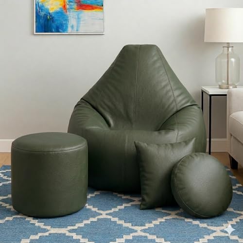 Image of XXL Bean Bag Cover, Teardrop Shape, Faux Leather, with Footstool and Cushions, 106x87x65 cm, Adult (Dark Green, XXL, Solid)