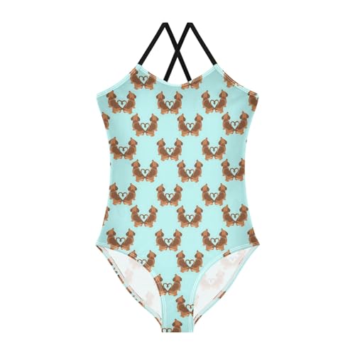 senya Girls Swimsuits One-Piece Swimwear Tie Bathing Suit Beach Summer Round Neck 9-10T Dachshund Back View Pattern