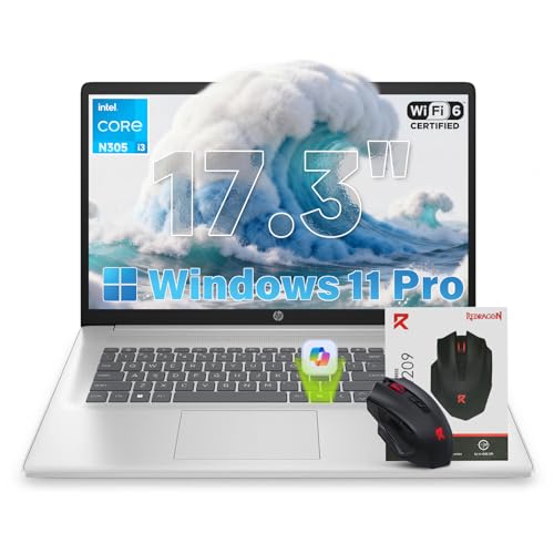 HP 17 inch Laptop FHD 2026, Intel 8 Cores i3-N305 Processor, 16GB RAM, 512GB SSD, 17.3' FHD IPS Display, AI Copilot, Wins 11 Pro, Long Battery Life for Student & Business, Wi‑Fi 6, Patented Accessory