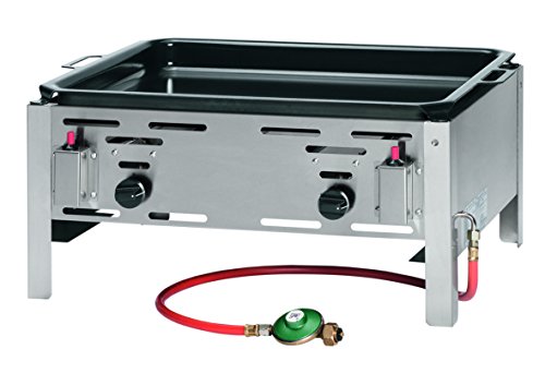 Propano de gas barbacoa con caja de acero cromo, níquel, 50 MB Reductor de presión, 2 quemadores y encendido piezoeléctrico, incluye manguera de gas y Regulator – Sartén (esmaltada, 64 x 53 cm/ABM. Barbacoa: 65 x 54 x 30 cm